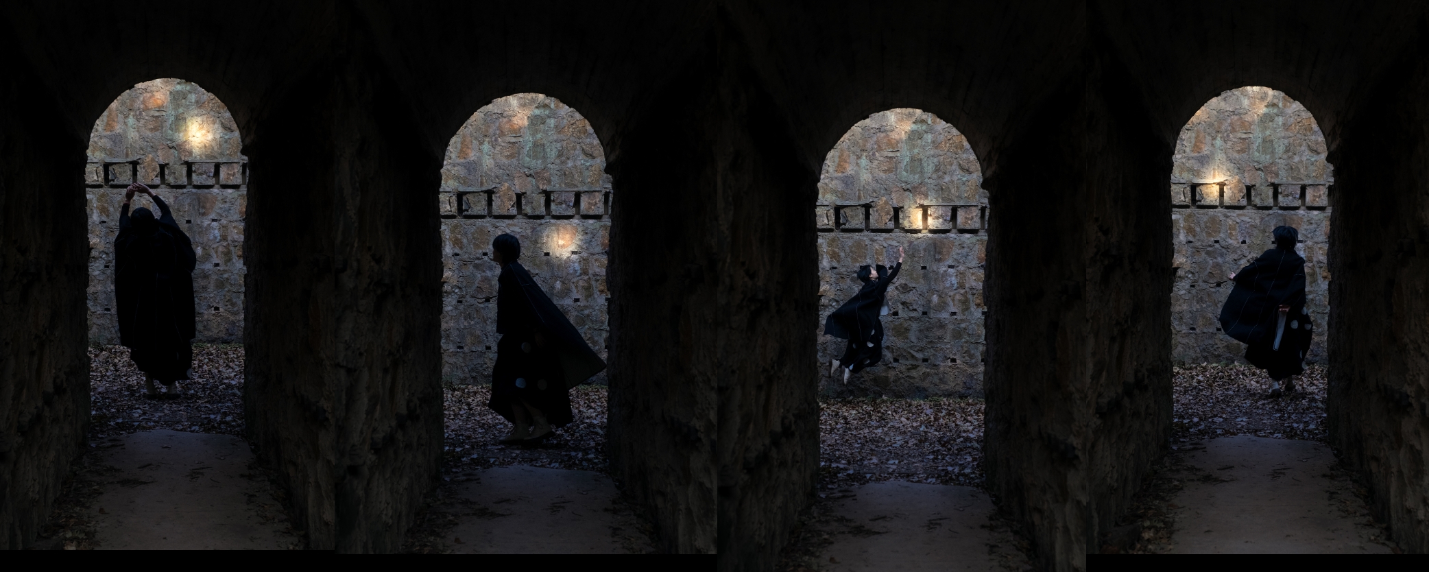 A four-part sequence of a figure moving through arched ruins